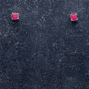 Platinum over 925 Silver Emerald Cut Ruby Stud Earrings